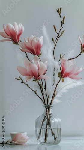Elegant Magnolia Branches in a Glass Vase Against a Minimalist Background