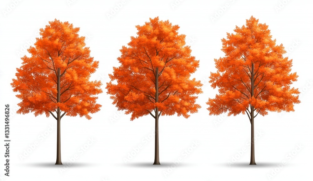 Three orange maple trees isolated on white background. Autumnal colors, detailed illustration. Three orange maple trees isolated on white background. Autumnal colors, detailed illustration.