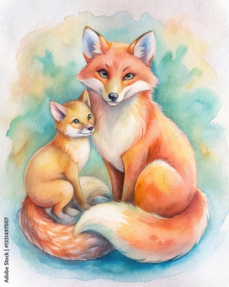 Obraz premium mother red fox in the forest with her baby