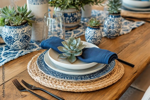 Elegant Table Setting With Succulents and Decorative Plates for a Cozy Gathering