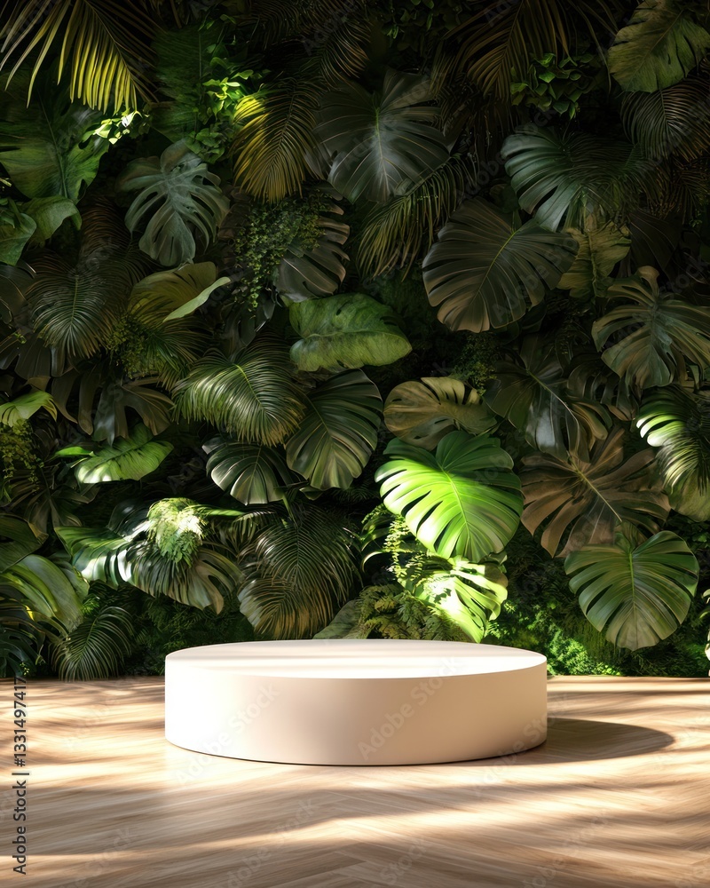 A white circular platform rests on a wooden floor, framed by a lush green foliage backdrop A white circular platform rests on a wooden floor, framed by a lush green foliage backdrop