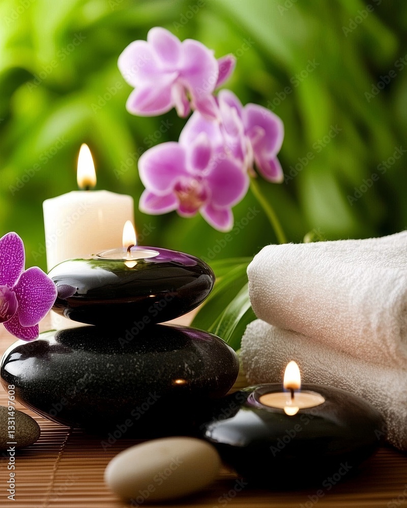 This peaceful spa environment, featuring candles, towels, and stones, promotes relaxation and serenity, making it suitable for wellness, beauty, and relaxation concepts This peaceful spa environment, featuring candles, towels, and stones, promotes relaxation and serenity, making it suitable for wellness, beauty, and relaxation concepts