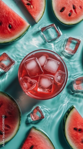 Refreshing Watermelon Cocktail With Ice Surrounded by Watermelon Slices in Br...