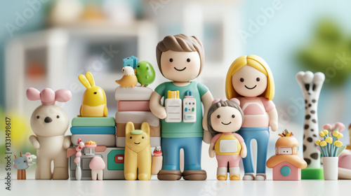 Happy family figurines with pets.