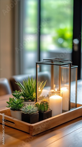 Decorative Centerpiece With Plants and Candles in Cozy Setting During Evening...