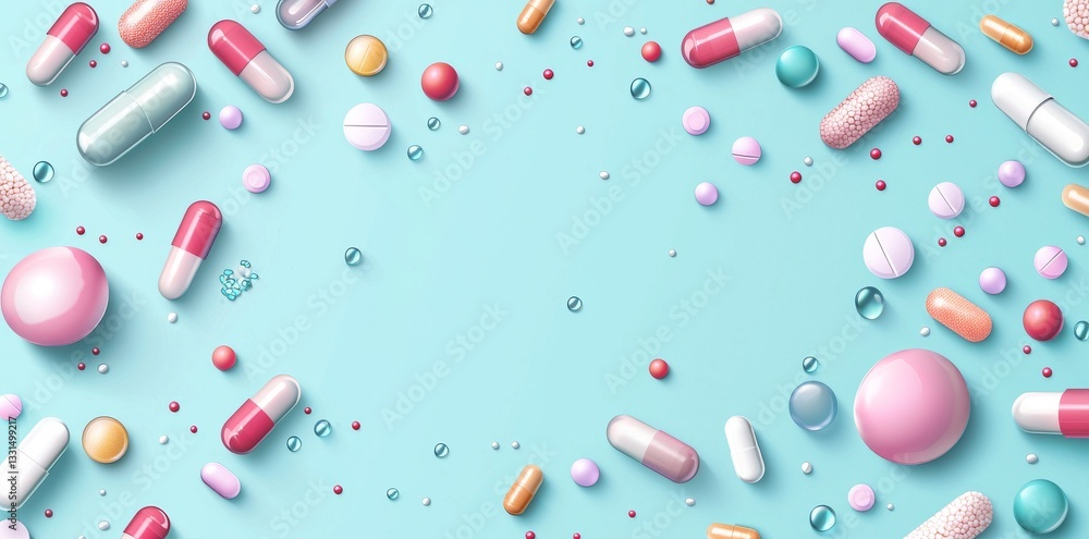 Various medications are represented by a diverse array of pills, capsules, and tablets scattered across a solid blue background Various medications are represented by a diverse array of pills, capsules, and tablets scattered across a solid blue background