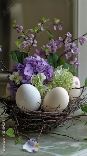 Decorative Spring Nest Arrangement With Flowers and Eggs in a Bright Indoor S...