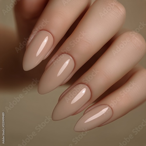 Elegant Long Almond Nail Design With Nude Polish Showcased in Natural Light O...
