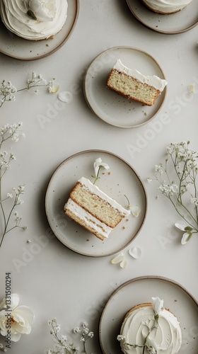 Delicate Cake Slices Arranged Beautifully With Fresh Flowers on Elegant Plates