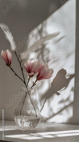 Elegant Magnolia Branches in a Glass Vase Against a Minimalist Background