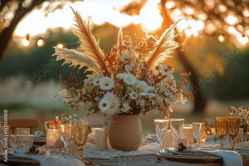 Elegant Outdoor Dinner Setting With Floral Centerpiece at Sunset