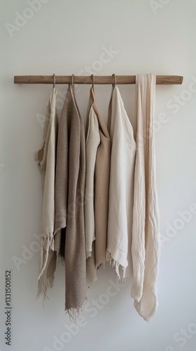 Natural Textiles Hanging on Wooden Rod in Minimalistic Interior Design Setting