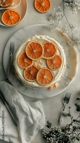 Delicious Cake With Dried Orange Slices on a Rustic Wooden Table