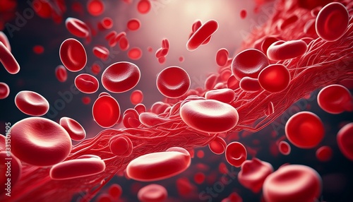 Ultra-detailed 3D medical illustration of red blood cells flowing through a vein, showing the circulatory system.

