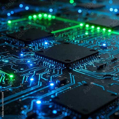 An electrical circuit board with data transmission pathways and green and blue lights.