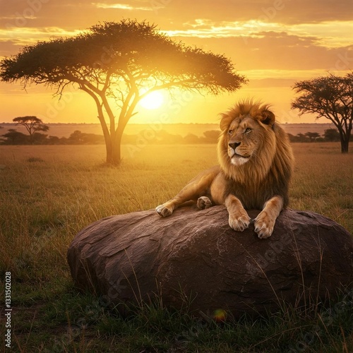 A lion sits on a rocky outcrop, exuding the aura of a king, with a savanna grassland behind it and a golden sun shining from behind.