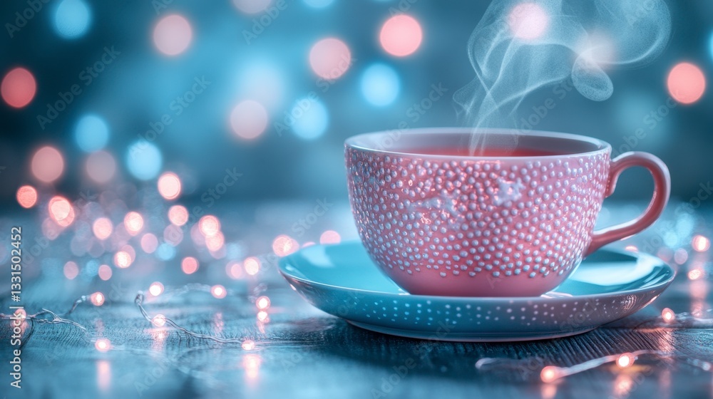 Fototapeta premium Warm pink teacup with steam on saucer, bokeh lights background, cozy atmosphere