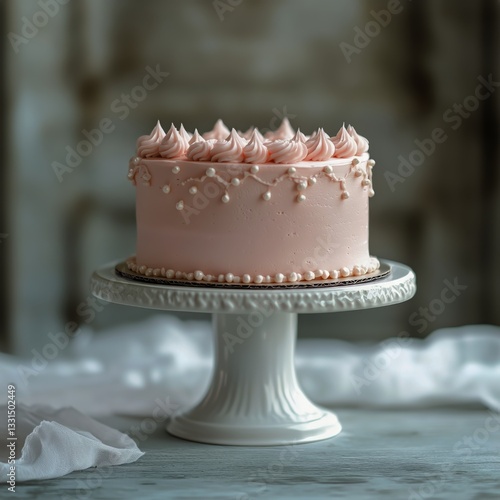 Elegant Pink Cake Adorned With Delicate Decorations on a Stand in a Softly Li...