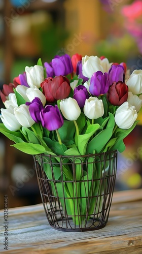 Colorful Tulips Arranged in a Wire Basket on a Wooden Table in a Flower Shop