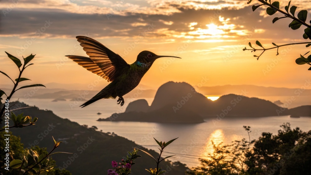 Fototapeta premium Hummingbird Flying at Sunset
