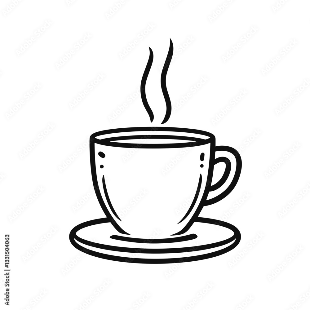 Hot coffee cup with steam in hand-drawn black and white style. Morning coffee concept in monochrome sketch Hot coffee cup with steam in hand-drawn black and white style. Morning coffee concept in monochrome sketch