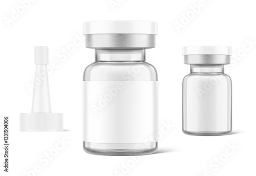Clear glass ampoule with applicator mockup for cosmetology products. Vector illustration isolated on white background. Can be use for pharmacy cosmetic and other. Ready for your design. EPS10.