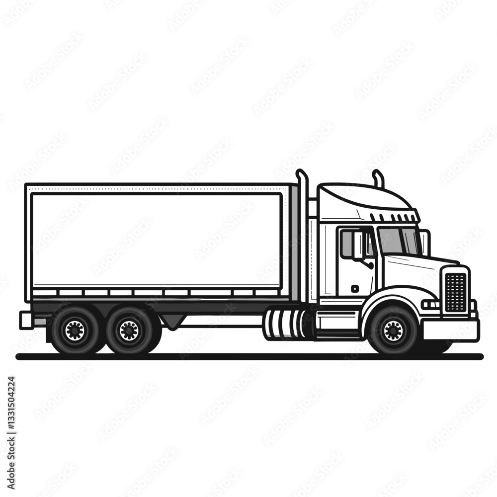 Semi-truck line art illustration in black and white. Classic cargo truck outline illustration for logistics and transport Semi-truck line art illustration in black and white. Classic cargo truck outline illustration for logistics and transport