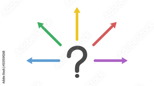 Black question mark at the center with five arrows in different colors pointing in various directions on a white background. Decision making concept.