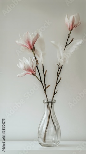 Elegant Magnolia Branches in a Glass Vase Against a Minimalist Background