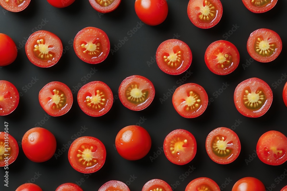 Fresh Cherry Tomatoes Sliced in Half Arranged on a Black Surface for Culinary Preparation Fresh Cherry Tomatoes Sliced in Half Arranged on a Black Surface for Culinary Preparation
