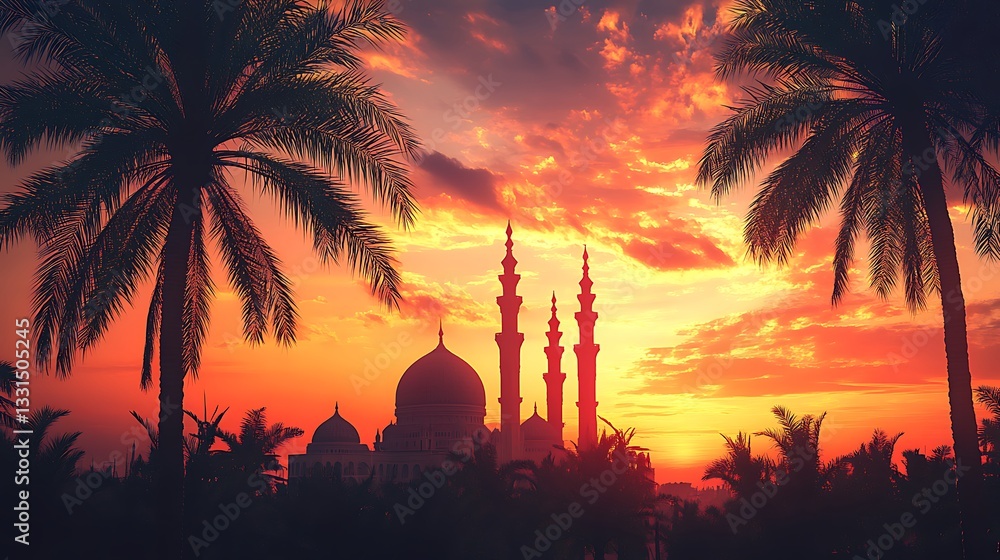 Obraz premium Mosque Silhouette with Minarets Against Vibrant Sunset and Palm Trees