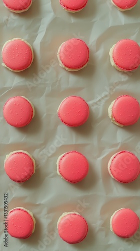 Colorful Pink Macarons Arranged Neatly on Parchment Paper in a Kitchen Setting