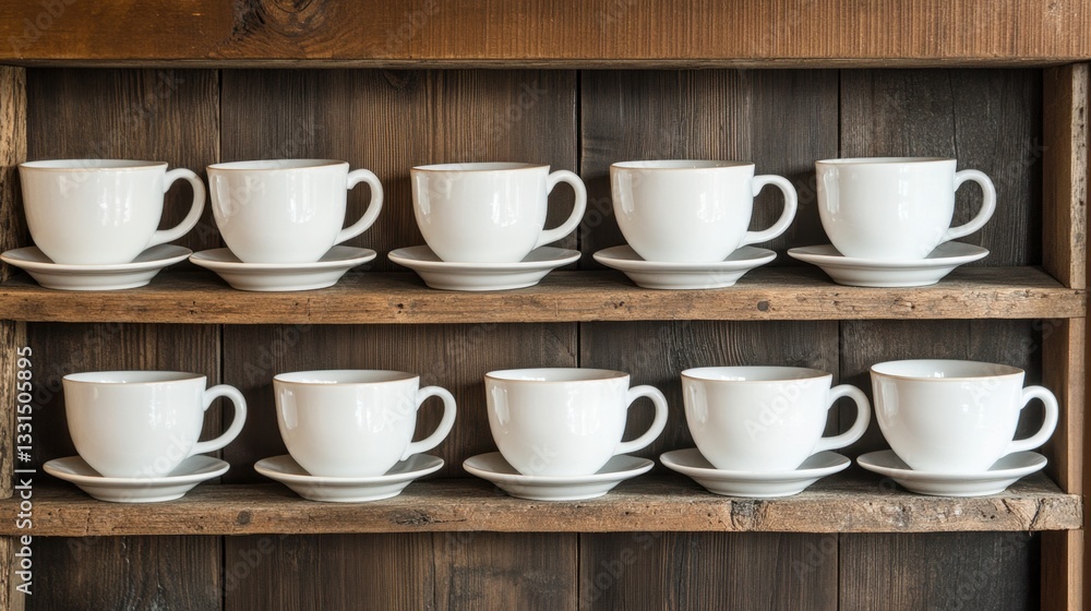 Fototapeta premium Neatly arranged white teacups and saucers on rustic wooden shelves. Rustic, vintage, and minimalist aesthetic.