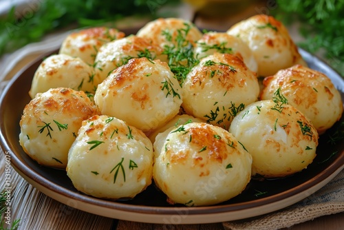 Delicately Plated Roasted Potatoes With Creamy Topping and Fresh Herbs for a ...