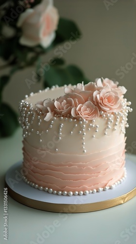Elegant Cake With Pearl Decoration and Floral Accents on a Cake Stand
