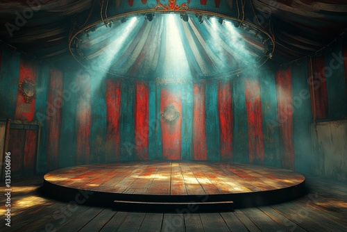 Spotlight Shines on Microphone in Vintage Circus-Themed Performance Area