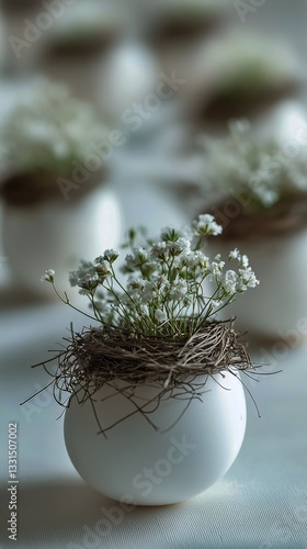 Elegant Arrangement of White Flowers in Minimalist Vases on a Table in a Brig...