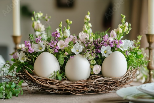 Elegant Easter Egg Arrangement Surrounded by Fresh Flowers in a Beautiful Set...