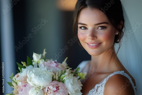 Bridal Portrait With Bouquet in Soft Lighting Captured During Wedding Prepara...