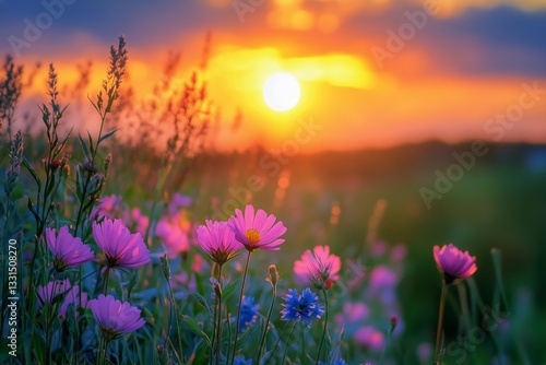 Colorful Wildflowers Bloom at Sunset in a Vibrant Landscape