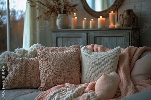 Cozy Living Room With Soft Pillows and Lit Candles Creating a Warm Atmosphere...