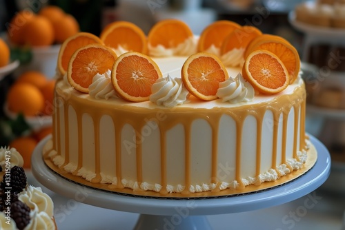 Beautiful Orange Cake With Whipped Cream and Fresh Fruit on Display at a Bakery