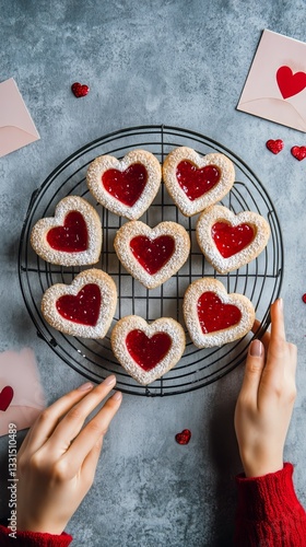 Heart Shaped Cookies With Jam Filling and Powdered Sugar Resting on a Cooling...