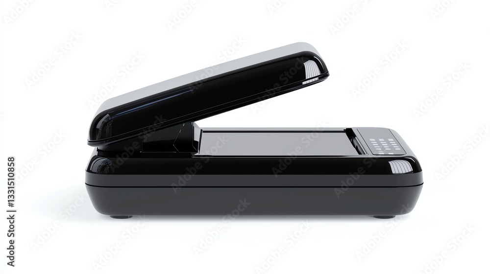 A black portable stapler with an opened lid, against a white background. A black portable stapler with an opened lid, against a white background.