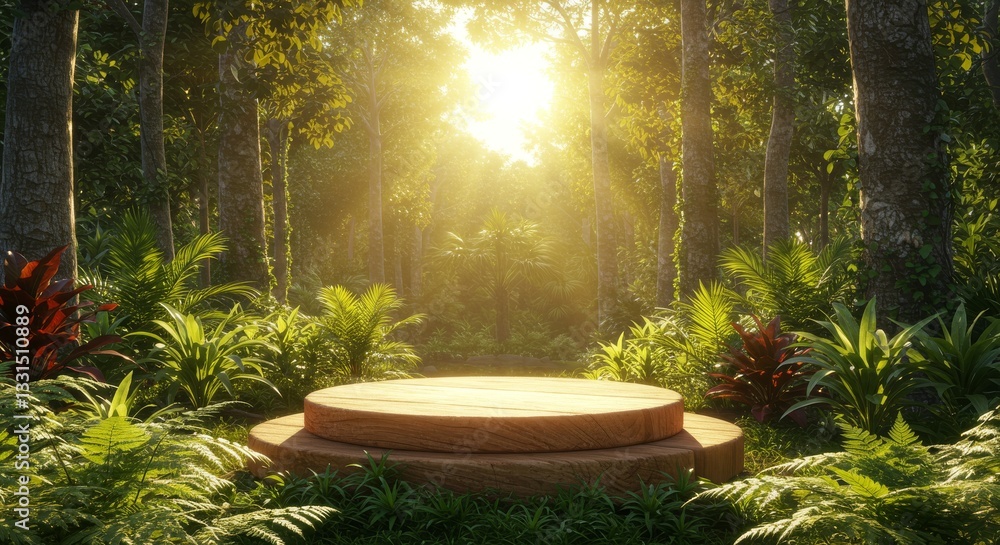 Sunlit Forest Wooden Platform - A serene wooden platform sits nestled in a lush, sun-drenched forest, perfect for product display or nature-themed designs Sunlit Forest Wooden Platform - A serene wooden platform sits nestled in a lush, sun-drenched forest, perfect for product display or nature-themed designs
