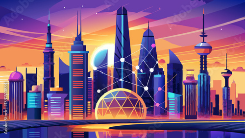 Dubai Skyline at Sunset with Network Connection, Modern Cityscape and Technology Concept