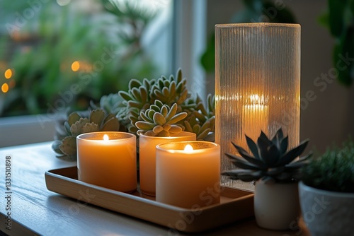 Elegant Display of Candles and Succulents in a Cozy Indoor Setting During Eve...