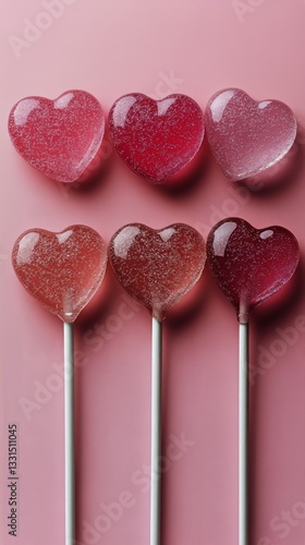 Heart Shaped Lollipops Arranged in a Line on a Pink Background for Festive Oc...