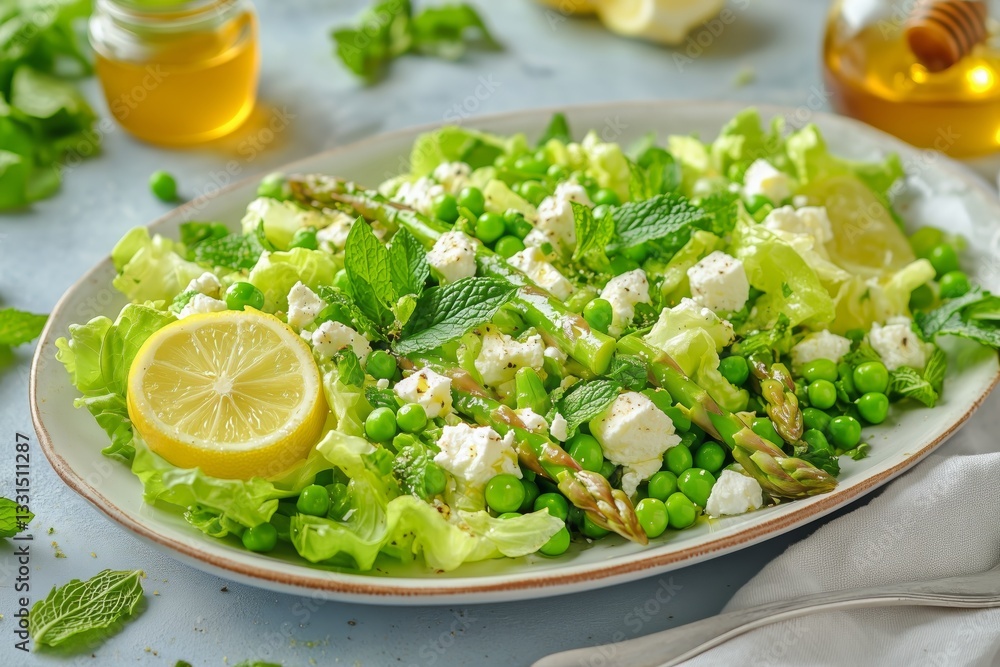 Fresh Spring Salad With Asparagus, Peas, and Lemon Served on a Rustic Table Fresh Spring Salad With Asparagus, Peas, and Lemon Served on a Rustic Table