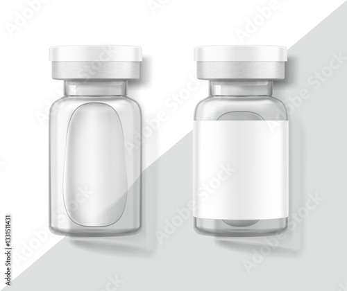 Clear glass ampoule mockup for cosmetology products. Vector illustration isolated on white background. Can be use for pharmacy, cosmetic and other. Ready for your design. EPS10.